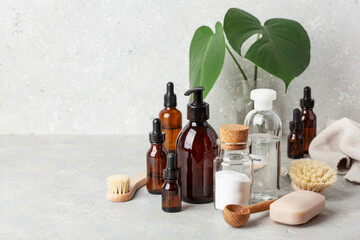 zero waste eco friendly cleaning concept. wooden brushes, baking soda, vinegar