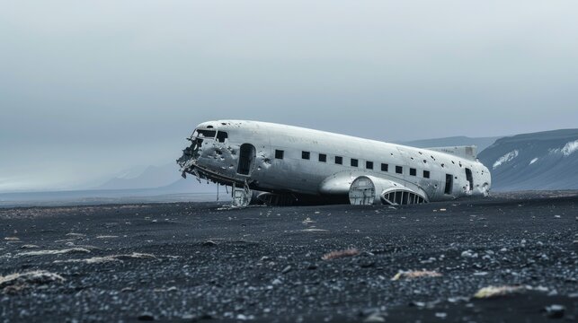 A crashed airplane is laying on the ground in a desolate area