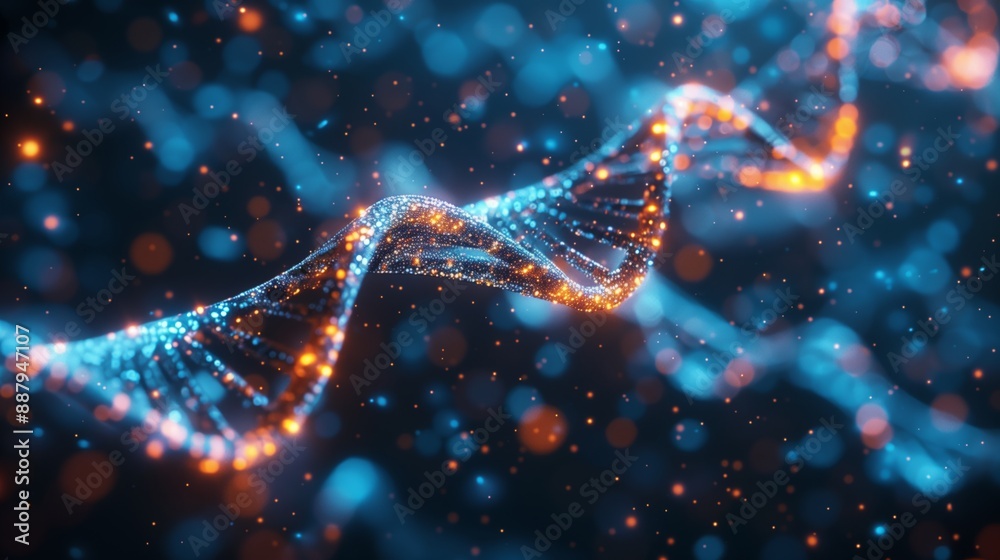 Poster a digitally rendered image of a dna double helix, representing an ai algorithm identifying potential