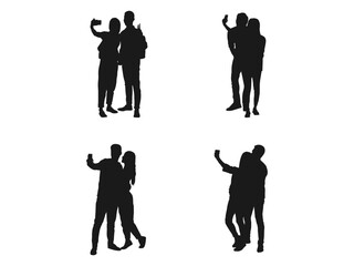 man and woman taking selfie silhouettes vector. Collection of silhouette group of people taking selfie  in different poses vector. man and woman taking selfie through mobile phone. on white background