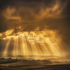 ethereal sunbeams pierce dramatic storm clouds golden light illuminating misty landscape spiritual and aweinspiring atmosphere