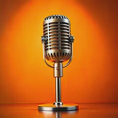 Vibrant orange background showcases a sleek, silver modern microphone standing upright, awaiting voiceovers or recordings, with ample copy space for creative additions.