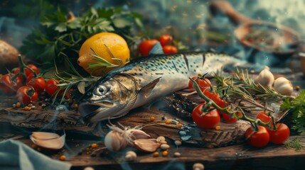 high-resolution, ultra-realistic, 4K, cinematic image of a fish food with vegetables on table 