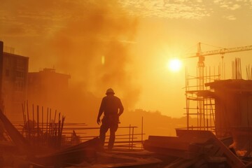 A lone construction worker navigating a site filled with structures and steel bars at sunset, engulfed in warm light and smoke, symbolizing solitary resilience and industrious spirit.
