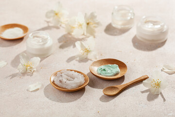 skincare products and jasmine flowers. zero waste eco friendly natural cosmetics for home spa