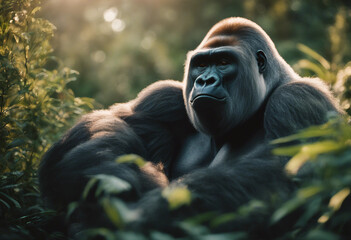 Obraz premium A silverback gorilla sitting amidst dense foliage, early morning light. 