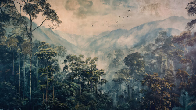 Vintage wallpaper of rainforest with pastel colors, featuring birds and deer in the background, oil painting. 