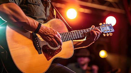 Obraz premium Cowboy Day Acoustic Guitar A close-up of a musician playing an acoustic guitar under stage lights