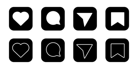Media Icons interface social media like, chat, send and save symbols. Minimal ig set. Like notification, comment notification, follower notification social media