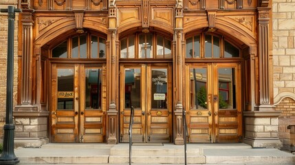 Obraz premium Cowboy Day Old West Bank The front of an old West bank with large wooden doors and period signage