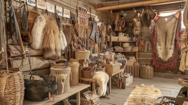 Cowboy Day Trading Post A trading post with various goods, pelts, and supplies on display