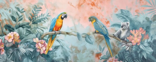 Vintage wallpaper of rainforest with pastel colors, showcasing macaws and koalas in the background, oil painting. 