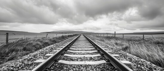 Scenic black and white photo of railway tracks in rural setting with copy space image included