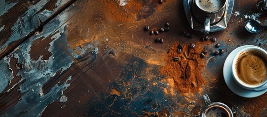 Aesthetic photo of coffee essentials on a rustic surface conveying the idea of suggested daily coffee intake with room for text featuring a low angle view. Copy space image
