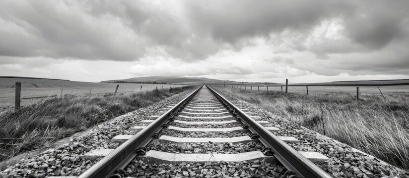 Fototapeta Scenic black and white photo of railway tracks in rural setting with copy space image included