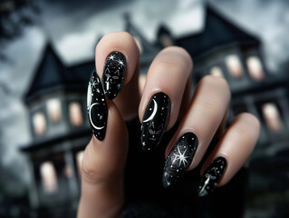 Halloween-themed manicure with black nails and spooky designs in a beauty salon