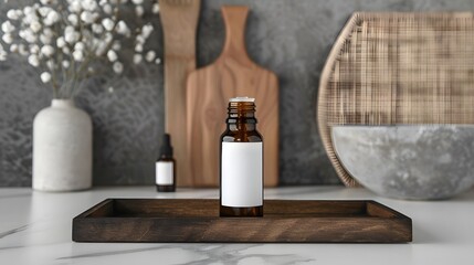 Blank Label Essential Oil: A small essential oil bottle with no label on a spa tray.
