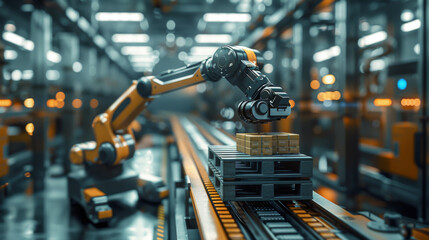 Naklejka premium Robotic arm moving packages along a conveyor belt in a high-tech automated warehouse environment.