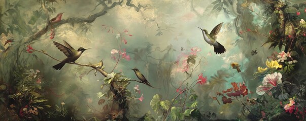 Vintage wallpaper of rainforest with pastel hues, featuring hummingbirds and raccoons in the background, oil painting. 