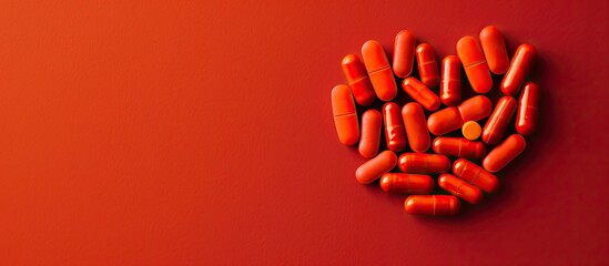 Heart shaped red orange pills in a capsule arrangement on a red surface photographed from above with space provided for additional images