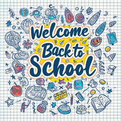 "Welcome Back to School" text web banner, doodle on checkered paper background, vector illustration. 