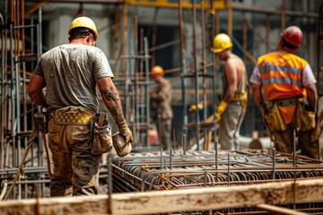 Workers wearing safety gear and helmets are engaged in various construction tasks at a building site, surrounded by scaffolding and rebar frameworks.