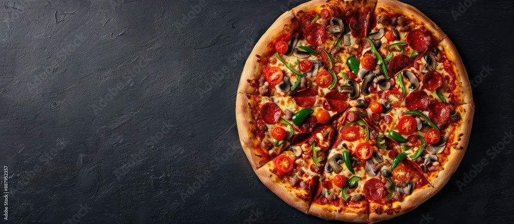 Canvas Prints Italian pizza with pepperoni sausage bacon mushrooms tomatoes green pepper and cheese on a black background shot from above with space for text ideal for a restaurant menu or takeout concept