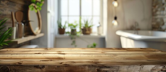 Wooden table displayed with a blurred bathroom interior in the backdrop perfect for an image with copy space
