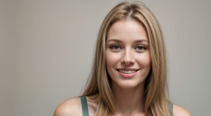 Naklejka premium A blonde young woman on grey background.
