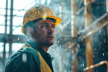 A construction worker in rain-soaked safety gear, emphasizing his dedication and resilience while continuing to work at a construction site despite challenging weather conditions.