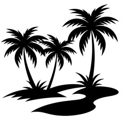 Palm trees and river silhouette vector illustration on white background