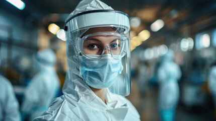 Female worker in full protective gear, including a mask and face shield, standing in an industrial facility.
