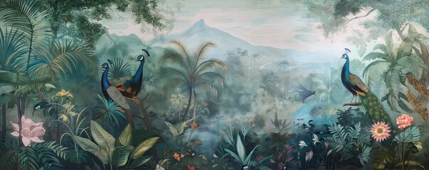 Vintage wallpaper of rainforest with pastel tones, highlighting peacocks and tigers in the background, oil painting. 