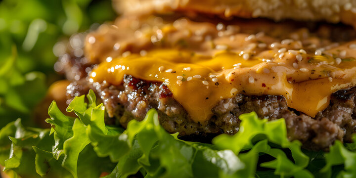Close-up de um suculento cheeseburger com queijo derretido e alface crocante