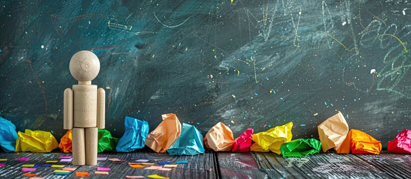 Wooden stick figure positioned beside a chalkboard with scattered colorful crumpled papers on the floor offering a copy space image - Powered by Adobe