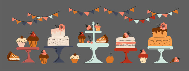 A hand-drawn set of various types of pastries, desserts, and fruits. Evening tea. Afternoon tea. Birthday sweet food. Vector cartoon flat doodle illustration. For menu, recipe, poster, wrapping 