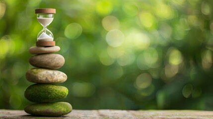 Obraz premium Zen stones stacked with a sand timer against a green bokeh background, symbolizing balance, harmony, and the passage of time.