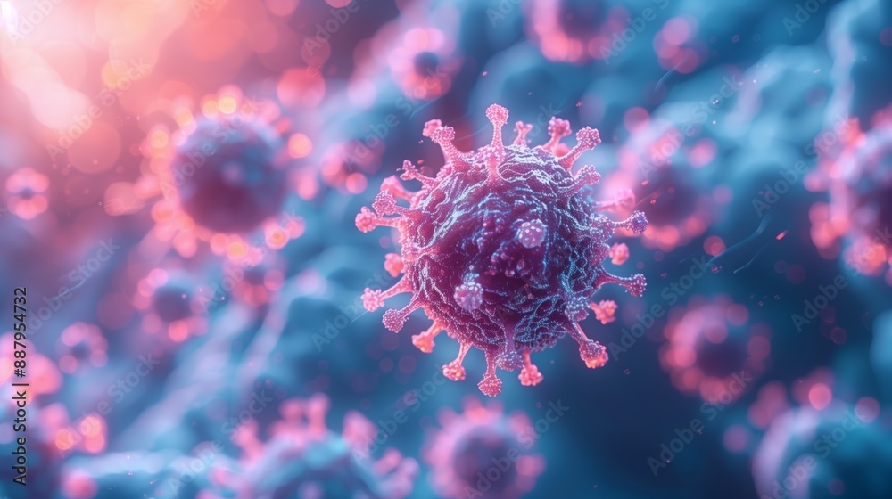 Poster a microscopic view of a virus particle with a detailed structure.