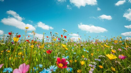 Colorful Wildflowers in a Meadow Under a Blue Sky.