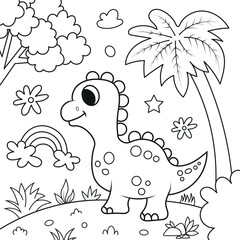 Easy Cute Dinosaur Cartoon Coloring Book Page For Kids
