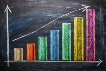 Chalkboard with a colorful growth chart, colored columns representing economic growth, drawn with chalk