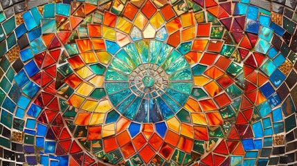 Vibrant Mosaic Artwork with Intricate Geometric Patterns in Clear Detail.