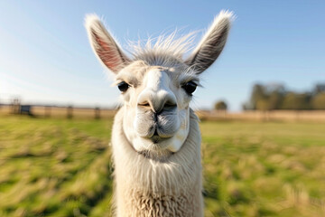 Obraz premium A llama is standing in a green field looking at the camera. The llama has white fur and brown eyes.