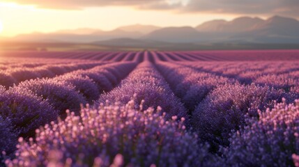 Fototapeta premium Vast lavender fields at sunset in Provence, France. A scenic view of rows of fragrant purple blooms under a golden sky, perfect for nature and relaxation themes.