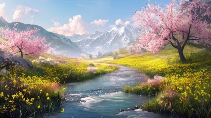 Serene River Valley with Blossoming Trees.