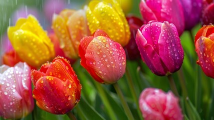 Colorful Tulips in the Rain.