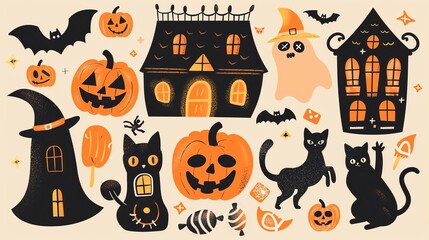 Candy, cute pumpkins, cartoon ghosts, witches, black cats, haunted houses, flat design illustration