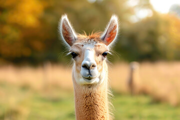 Obraz premium fluffy llama in the field looking at the camera