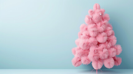 Fluffy pink Christmas tree on blue background.