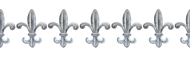 Fleur de lis isolated background illustration. Vintage heraldic. Fleur-de-lys hand drawn watercolor draw. French lily. Seamless border. Decor, decoration, cards, posters, design, Greeting © Nataliia